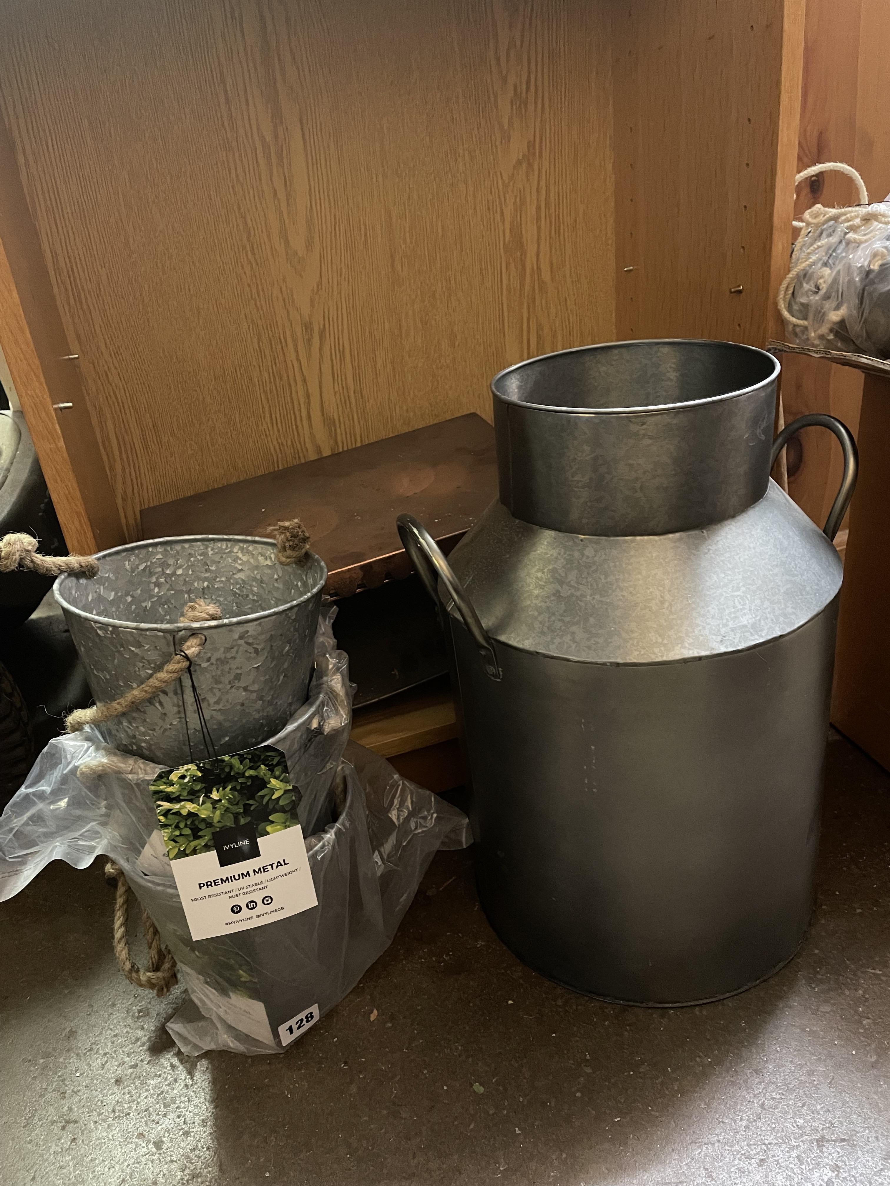 SELECTION OF GALVANIZED SET OF THREE PLANTERS AND A GALVANIZED MILK CHURN PLANTER