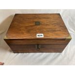 VICTORIAN WALNUT WRITING BOX WITH BRASS CARTOUCHE AND CORNERS