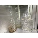 PAIR OF CUT GLASS ETCHED HOBNAIL MALLET DECANTERS AND ONE OTHER