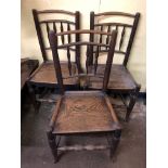 THREE 18TH CENTURY LANCASHIRE ELM SPINDLE RAIL BACK CHAIRS