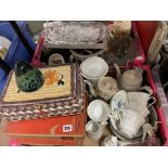 TWO BOXES OF MISCELLANEOUS CERAMICS, GLASSWARE, PAPER WEIGHT,