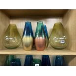 FOUR METALLIC AZURITE GOLD RECYCLED GLASS VASES AND PAIR OF GREEN GLASS BULBOUS VASES