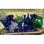 SHELF OF BRISTOL BLUE GLASS, BRANDY BOWLS, VASES,