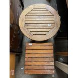 TEAK HARD WOOD FOLDING CIRCULAR GARDEN TABLE AND A SMALLER FOLDING TABLE