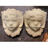 PAIR OF LIGHT STONEWORK CHERUB FACE WALL POCKETS