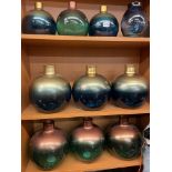 SELECTION OF METALLIC EMERALD COPPER GLOBULAR GLASS VASES AND PAIR OF MARINE GLASS BLUE VASES
