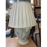 WHITE POTTERY BALUSTER TABLE LAMP WITH APPLIED FLOWER AND BAMBOO DECORATION