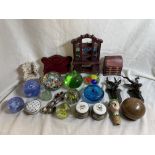 SHOE BOX OF VARIOUS GLASS PAPERWEIGHTS, TRINKET BOXES,