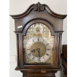 EDWARDIAN OAK LONGCASE CLOCK WITH BRASS ARCH DIAL WITH SILVERED CHAPTER RING TRIPLE WEIGHT