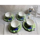 FOUR MOORCROFT INSPIRED TEACUPS AND SAUCERS AND A ROYAL WORCESTER FIGURE A/F