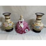 ROYAL DOULTON FIGURE - VICTORIA AND A PAIR OF JAPANESE SATSUMA EARTHENWARE VASES