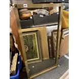 BRASS FRAMED MIRROR AND PAIR OF TROPICAL SCENE LANDSCAPE PRINTS