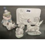 LLADRO SEATED CLOWN WITH PUPPY, RABBIT WITH BUTTERFLY, SEATED DOG,
