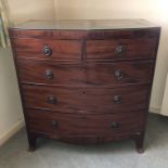 19TH CENTURY MAHOGANY BOW FRONTED TWO OVER THREE DRAWER CHEST ON SPLAY BRACKET FEET