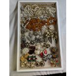 TRAY OF MISCELLANEOUS COSTUME JEWELLERY BEADS, CLIP-ON EARRINGS,