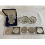 PAIR OF SILVER RIMMED GLASS TABLE SALTS AND COMMEMORATIVE COINS