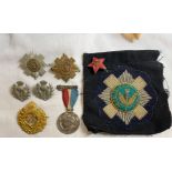BOX OF REGIMENTAL CAP BADGES, ENAMEL SOVIET STAR BADGE,