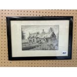 SIGNED PENCIL SKETCH TITLED "ANNE HATHAWAY'S COTTAGE, SHOTTERY, WARWICKSHIRE" BY H.E.
