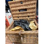 WICKER FISHING CREEL CONTAINING FIXED SPOOL AND CENTRE PIN REELS, CRAB LINE,