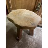 CARVED ELM THREE LEGGED STOOL AND VINTAGE SUITCASE