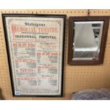 MINIATURE OAK FRAMED MIRROR AND A FRAMED SHAKESPEARE MEMORIAL THEATRE ADVERTISING POSTER