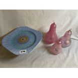 SHELLEY DRIP GLAZED COMPORT AND THREE ROYAL BRIERLEY TYPE PINK IRIDESCENT PEAR PAPERWEIGHTS