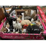 CARTON - ASSORTED POTTERY AND PORCELAIN CAT FIGURES AND ORNAMENTS