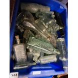 BLUE BOX OF MISC CLEAR AND GREEN GLASS ADVERTISING BOTTLES