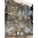 TWO BOXES OF GLASSWARE INCLUDING DECANTERS, ETCHED WINE GLASSES, FLOWER VASE, ETC.
