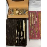 TWO VINTAGE DRAWING SETS AND CASE OF ASSORTED COINS, CUFFLINKS, ETC.