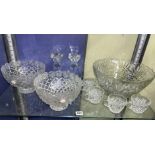 SHELF OF GLASSWARE INCLUDING A PAIR OF BOHEMIA CANDLESTICKS, PAIR OF POLISH CRYSTAL BOWLS,