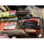 CARTON CONTAINING EXTENSION REEL, VARIOUS LOOSE SPANNERS, HACK SAW, BLACK AND DECKER SANDER,