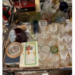 TWO CARTONS OF ASSORTED GLASSWARE INCLUDING COLOURED SUNDAE DISHES, COMPORT DISHED,
