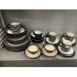 SELECTION OF DENBY DINNER PLATES, BOWLS, TEA CUPS AND SAUCERS AND ROCHA.