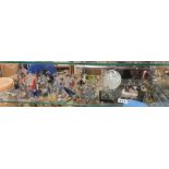 SHELF OF ASSORTED GLASS ANIMALS, PAPER WEIGHT, ENAMEL SEWING MACHINE FIGURE, ETC.