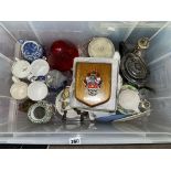 BOX INCLUDING PLATED TEAPOT, CORONATION WARE, RUBY VASE, ETC.