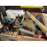 TWO BOXES OF TOOLS INCLUDING WOOD SAWS, SCREWDRIVERS, ETC.