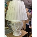WHITE POTTERY BALUSTER LAMP WITH FLORAL DECORATION