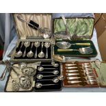 BOX OF ASSORTED LOOSE AND CASED CUTLERY INCLUDING DESSERT FORKS AND BERRY SPOONS