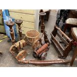 VARIOUS TREEN INCLUDING PAIR OF CANDLESTICKS, WALL MOUNTED RIFLE, MODEL CANON, MAGAZINE RACK, ETC.