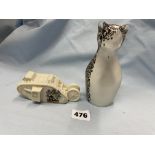 CRESTED WARE WWI TANK AND GLASS CAT FIGURE