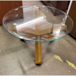 MODERN GLASS TOPPED OXO STYLE COFFEE TABLE ON ELM BASE