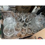 TWO CARTONS OF ASSORTED GLASS INCLUDING CUT GLASS BASKET, ETCHED GLASS WARE,