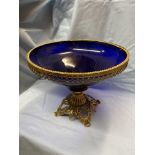 BRISTOL BLUE GLASS AND BRASS BOWL