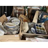 TWO BOXES INCLUDING A PART VICTORIAN DINNER SET, STONEWARE HOT WATER BOTTLE, ETC.