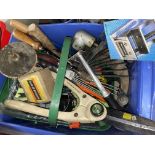 CRATE OF ASSORTED TOOLS INCLUDING HAND DRILLS, BLACK AND DECKER VICE, CUTTERS, ETC.