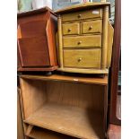 TWO VINTAGE TEAK CABINETS WITHOUT DOORS AND A VINTAGE LIGHT OAK SEWING BOX