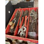 TRAY OF TOOLS INCLUDING SCREWDRIVERS, PLIERS, T SQUARE, SPANNERS, ETC.