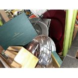CRATE CONTAINING PAIR OF TALL GREEN GLASS VASES, LAMINATED PLACE MATS, CHROME FRUIT BOWL, ETC.