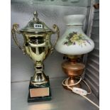 PLATED TROPHY AND COPPER OIL LAMP
